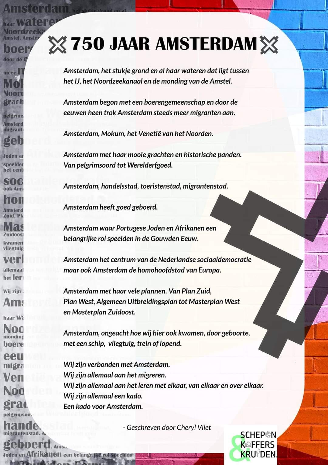 gedicht van Cheryl Vliet voor Schepen, koffers en kruiden - 750 jaar Amsterdam